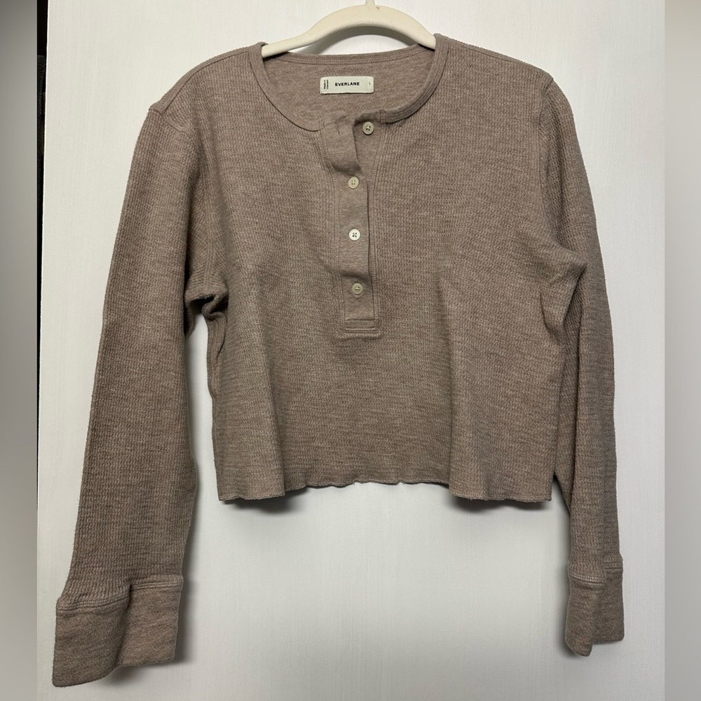Everlane Cropped Tan Waffle Sweater Henley - Picture 3 of 5